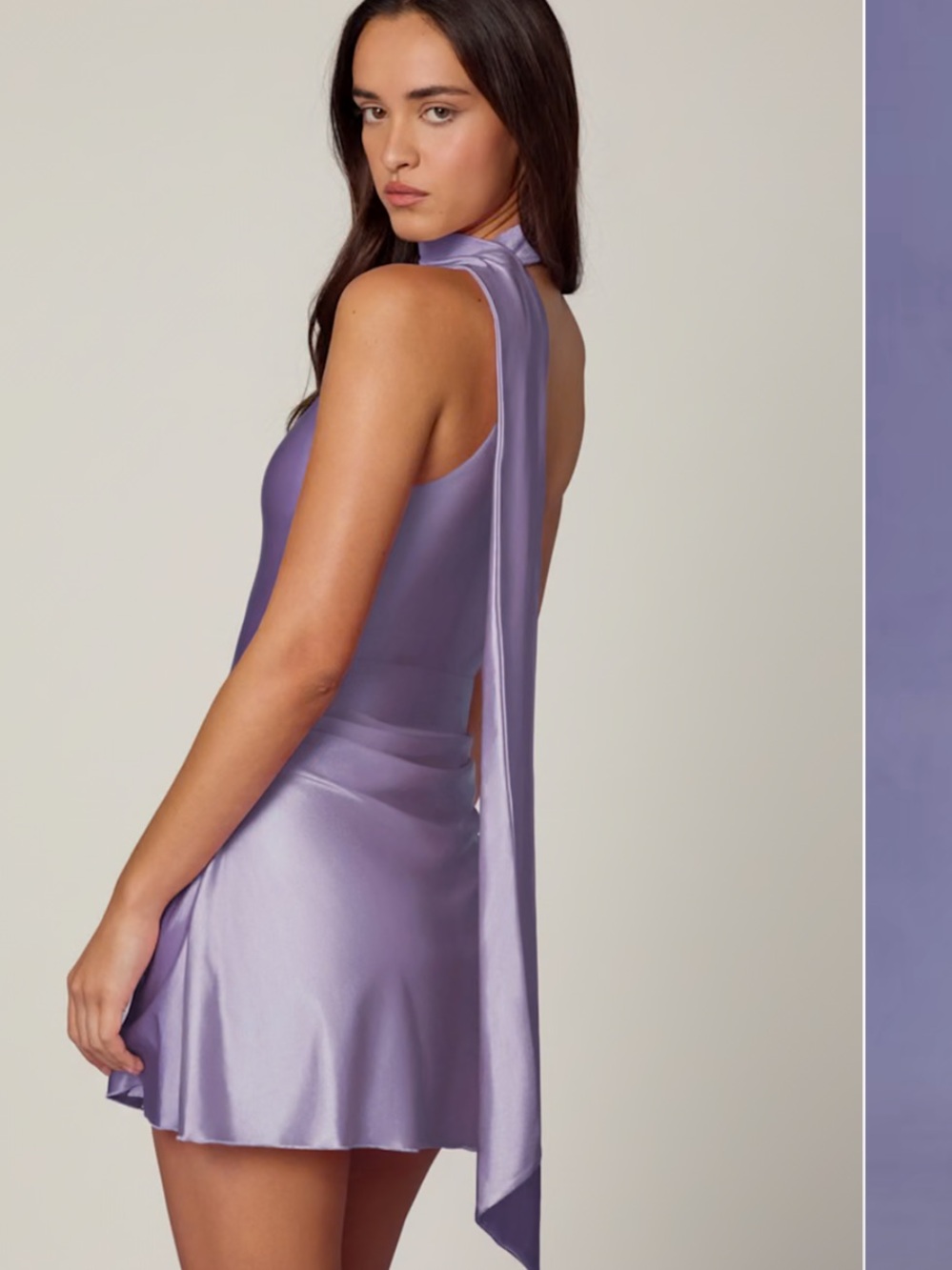 Oh Polly One-Shoulder Lilac Satin Mini Dress with Scarf Detail - Picture 2 of 6